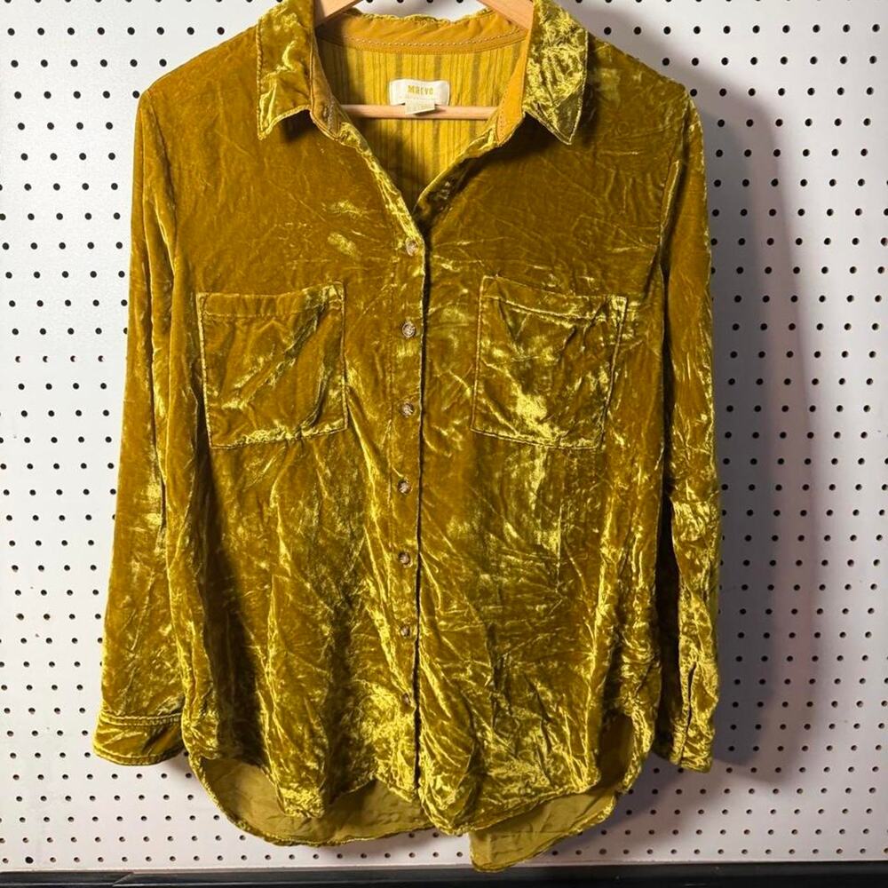 Anthropologie Maeve Karina Gold Velvet Button Up Shirt Size: 14
